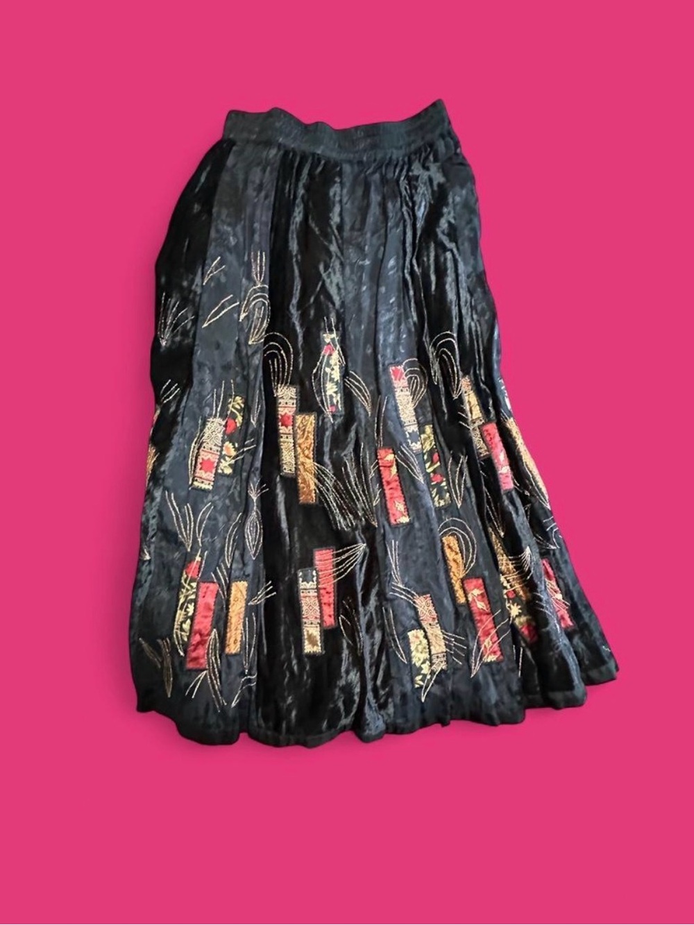 Vintage Coldwater Creek Black Velvet Embroidered Patchwork Maxi Skirt - PS Boho